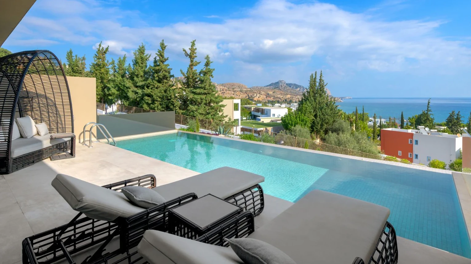 Panoramic pool area at the resort in Rhodes